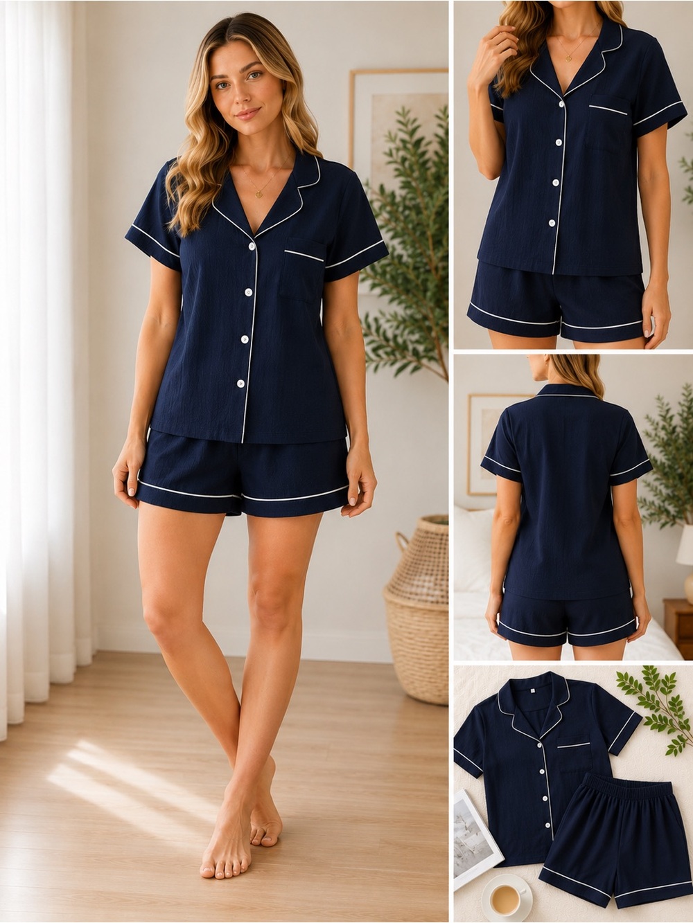 A Classy Chic Boutique Blue Pajama Set with White Trim
